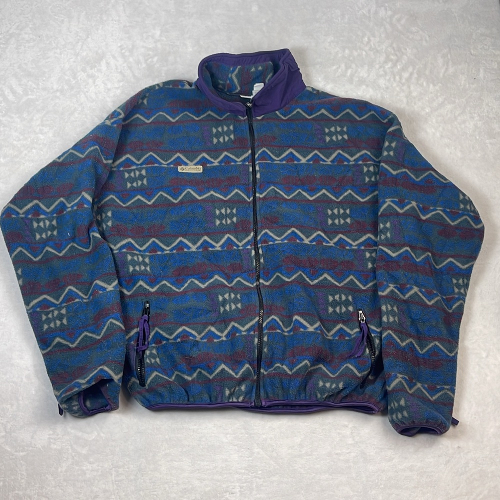 Columbia Men's Full Zip Fleece Jacket Multi Color Size XL Aztec Made in USA 90s